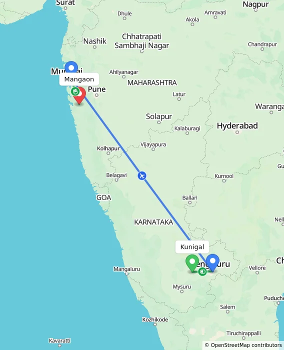 Route map showing distance and travel time from Kunigal, India to Mangaon, India