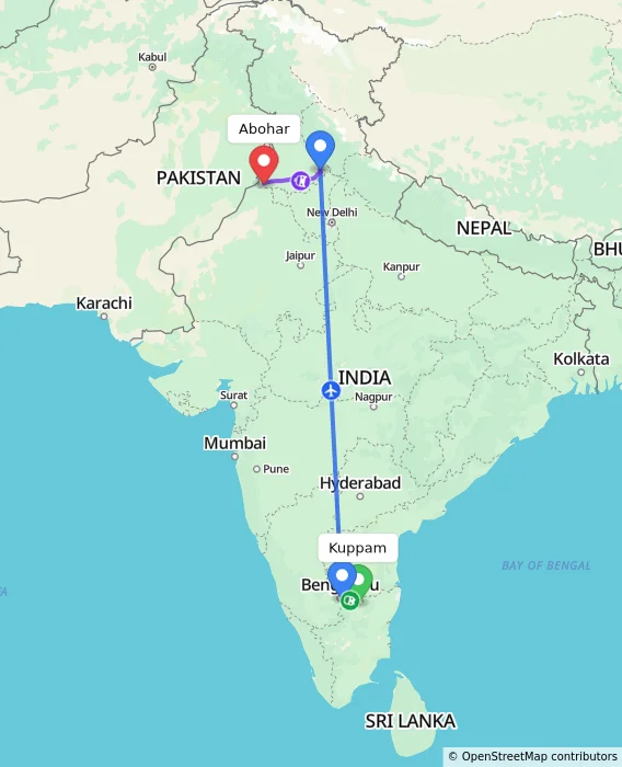 Route map showing distance and travel time from Kuppam, India to Abohar, India