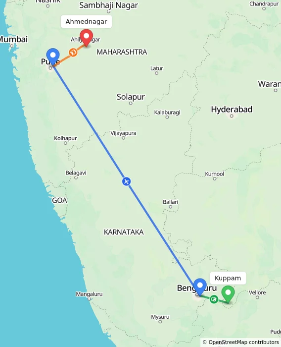 Route map showing distance and travel time from Kuppam, India to Ahmednagar, India