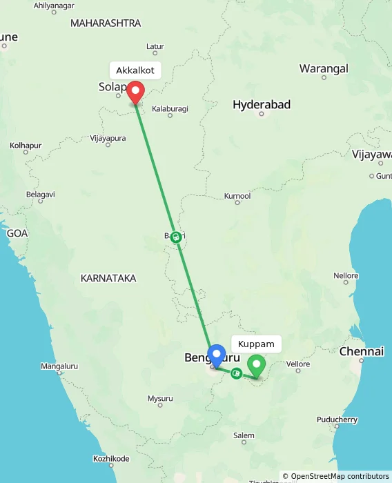 Route map showing distance and travel time from Kuppam, India to Akkalkot, India