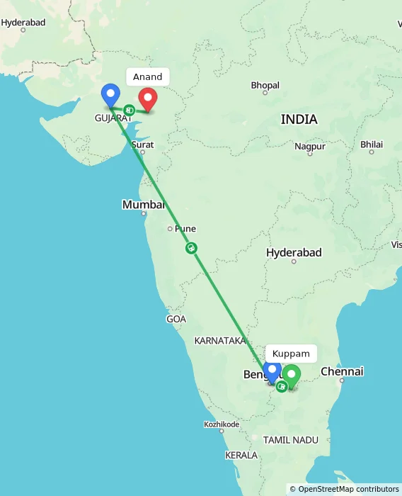 Route map showing distance and travel time from Kuppam, India to Anand, India