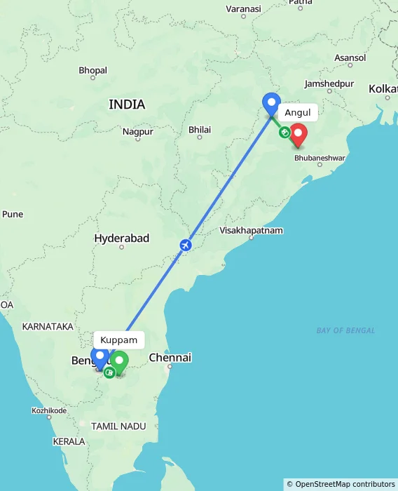 Route map showing distance and travel time from Kuppam, India to Angul, India