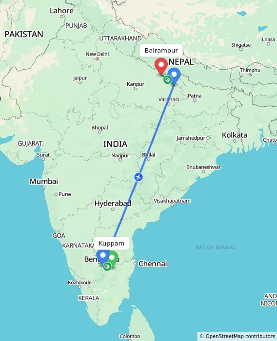 Route map showing distance and travel time from Kuppam, India to Balrampur, India