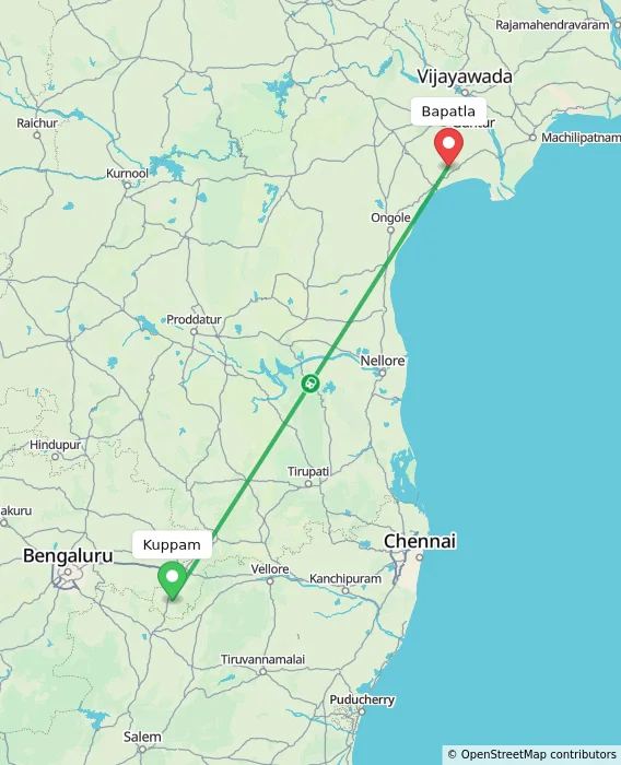 Route map showing distance and travel time from Kuppam, India to Bapatla, India