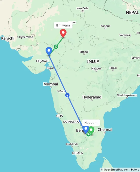 Route map showing distance and travel time from Kuppam, India to Bhilwara, India