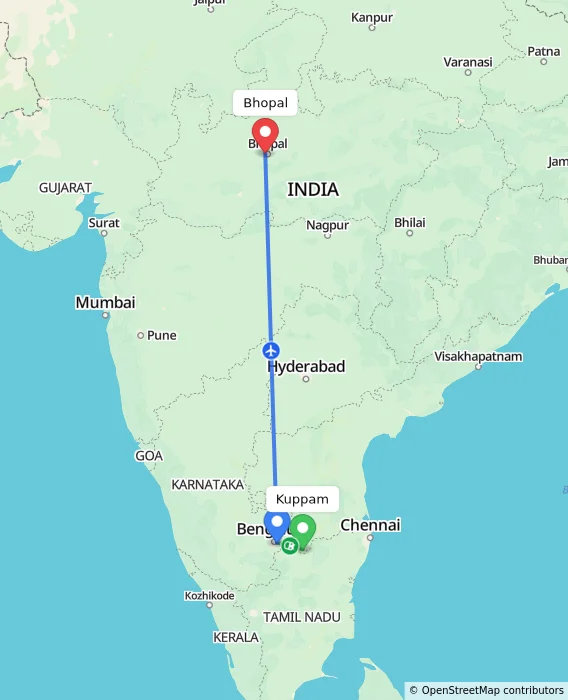Route map showing distance and travel time from Kuppam, India to Bhopal, India