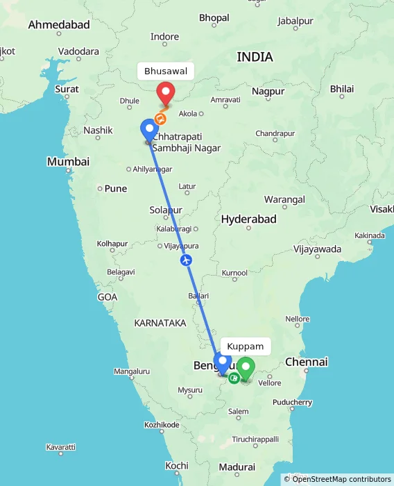 Route map showing distance and travel time from Kuppam, India to Bhusawal, India