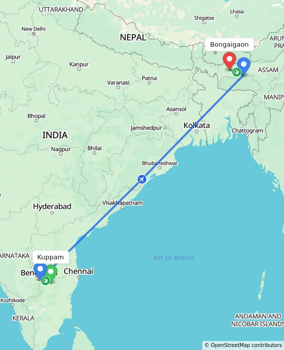 Route map showing distance and travel time from Kuppam, India to Bongaigaon, India