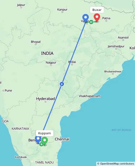 Route map showing distance and travel time from Kuppam, India to Buxar, India