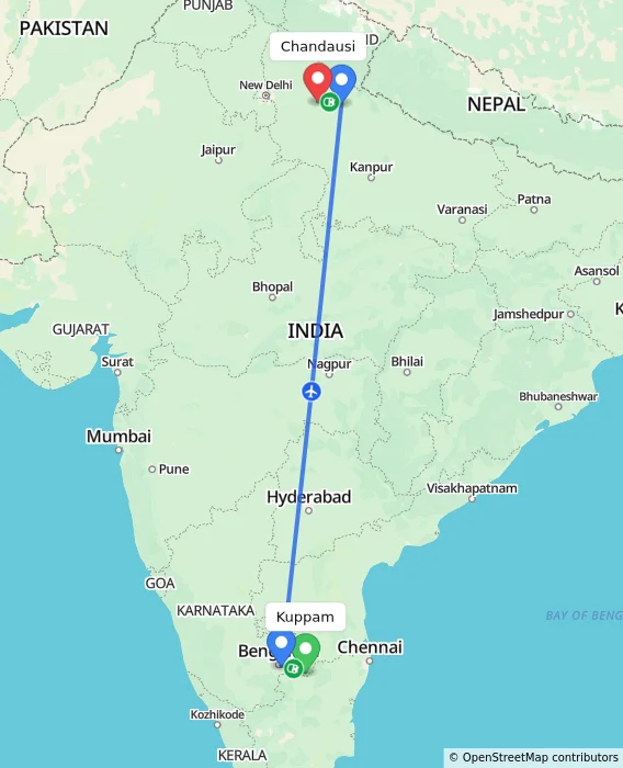 Route map showing distance and travel time from Kuppam, India to Chandausi, India