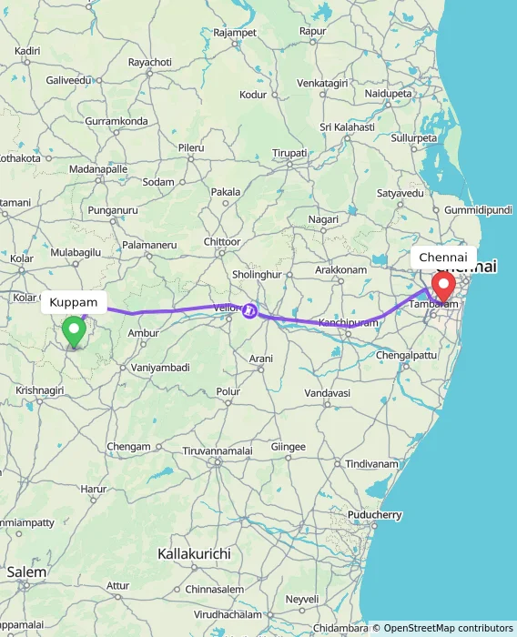Route map showing distance and travel time from Kuppam, India to Chennai, India
