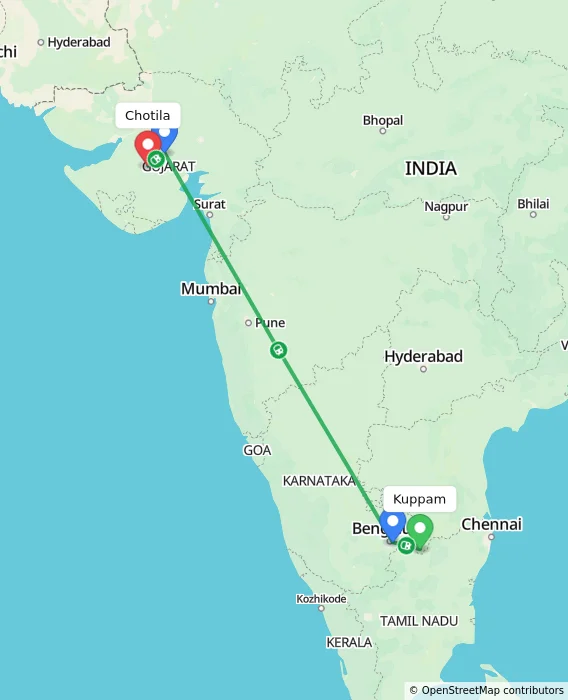 Route map showing distance and travel time from Kuppam, India to Chotila, India