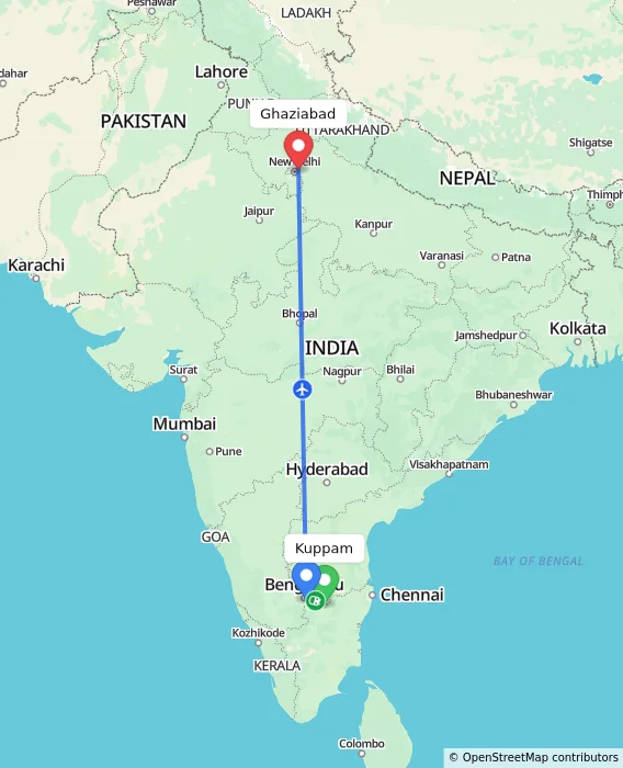 Route map showing distance and travel time from Kuppam, India to Ghaziabad, India