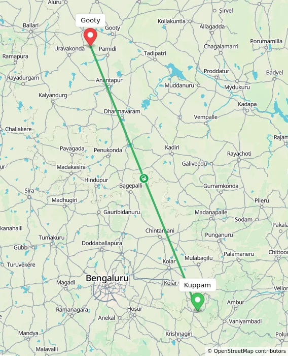 Route map showing distance and travel time from Kuppam, India to Gooty, India
