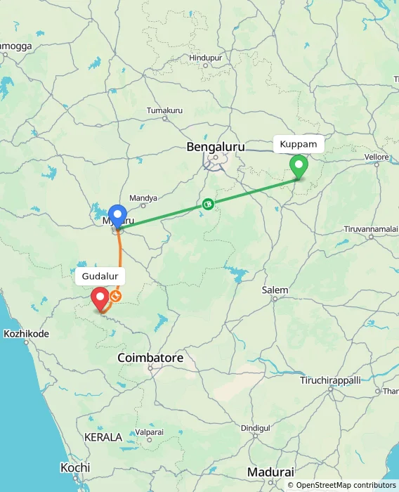 Route map showing distance and travel time from Kuppam, India to Gudalur, India