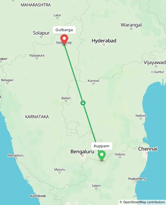 Route map showing distance and travel time from Kuppam, India to Gulbarga, India