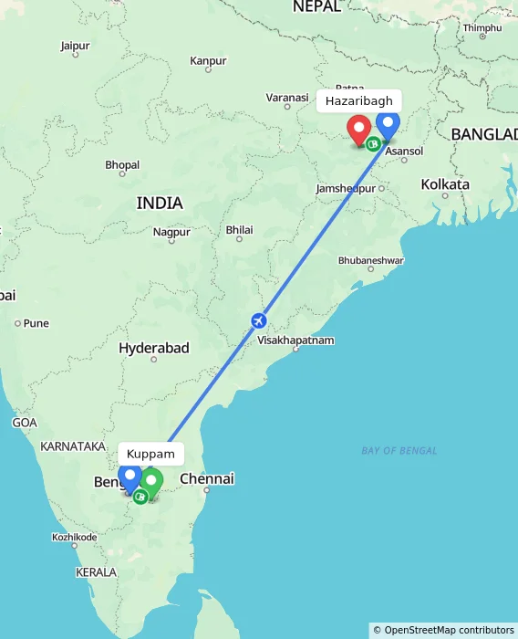 Route map showing distance and travel time from Kuppam, India to Hazaribagh, India