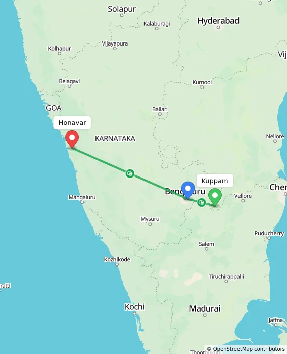Route map showing distance and travel time from Kuppam, India to Honavar, India