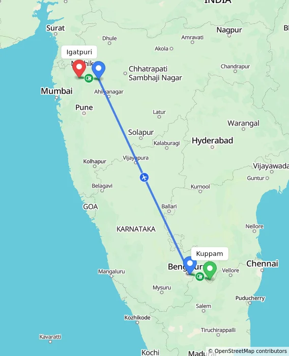 Route map showing distance and travel time from Kuppam, India to Igatpuri, India