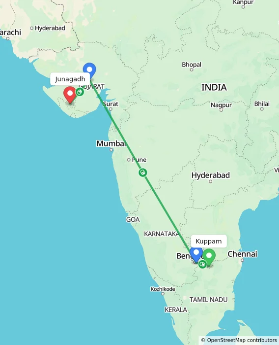 Route map showing distance and travel time from Kuppam, India to Junagadh, India