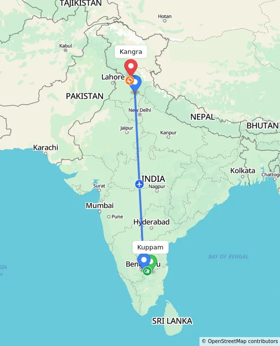 Route map showing distance and travel time from Kuppam, India to Kangra, India