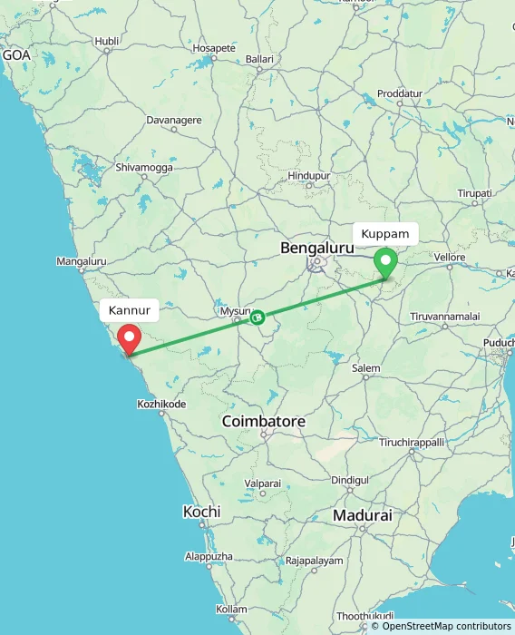 Route map showing distance and travel time from Kuppam, India to Kannur, India