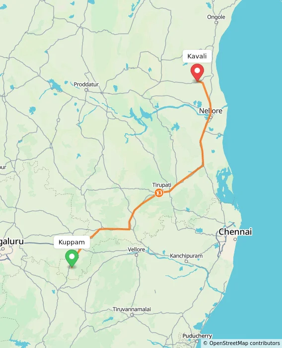 Route map showing distance and travel time from Kuppam, India to Kavali, India