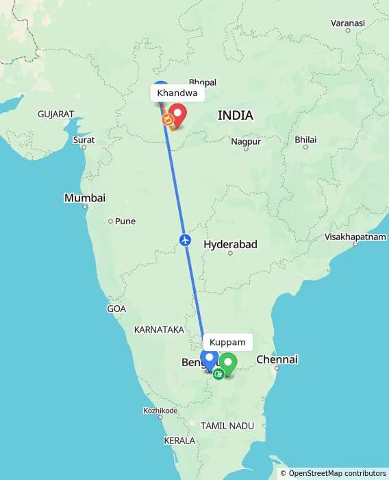 Route map showing distance and travel time from Kuppam, India to Khandwa, India