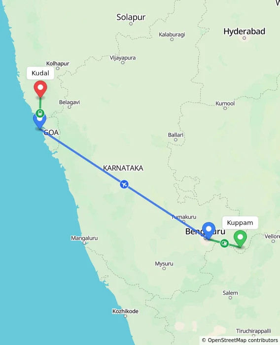 Route map showing distance and travel time from Kuppam, India to Kudal, India