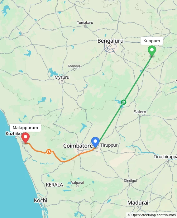 Route map showing distance and travel time from Kuppam, India to Malappuram, India