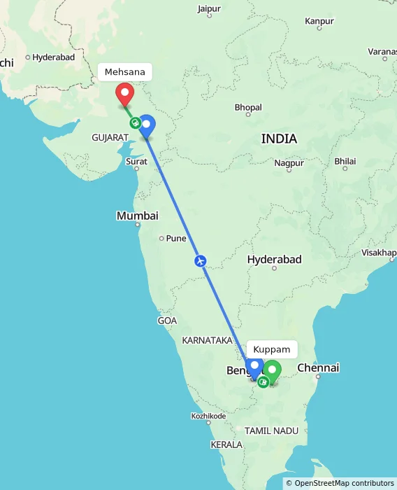 Route map showing distance and travel time from Kuppam, India to Mehsana, India