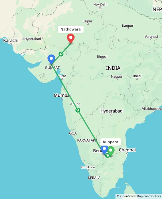 Route map showing distance and travel time from Kuppam, India to Nathdwara, India