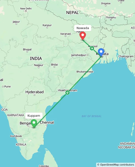 Route map showing distance and travel time from Kuppam, India to Nawada, India
