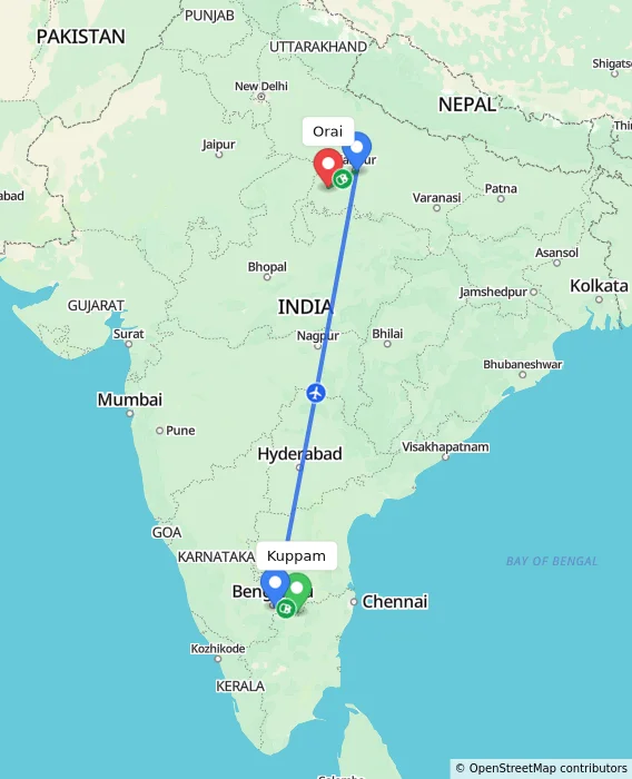 Route map showing distance and travel time from Kuppam, India to Orai, India
