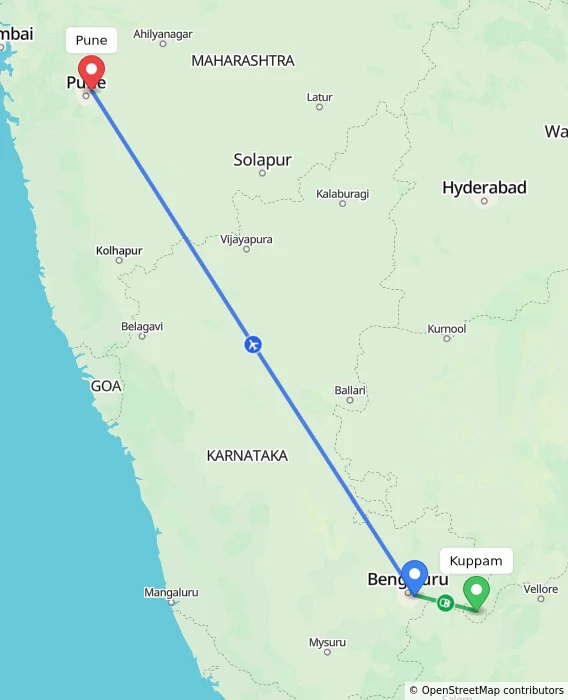 Route map showing distance and travel time from Kuppam, India to Pune, India