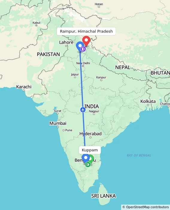Route map showing distance and travel time from Kuppam, India to Rampur, Himachal Pradesh, India