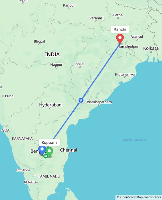 Route map showing distance and travel time from Kuppam, India to Ranchi, India