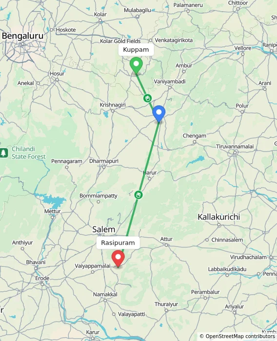 Route map showing distance and travel time from Kuppam, India to Rasipuram, India