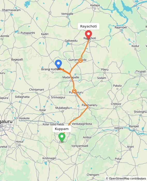 Route map showing distance and travel time from Kuppam, India to Rayachoti, India