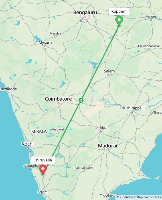 Route map showing distance and travel time from Kuppam, India to Thiruvalla, India