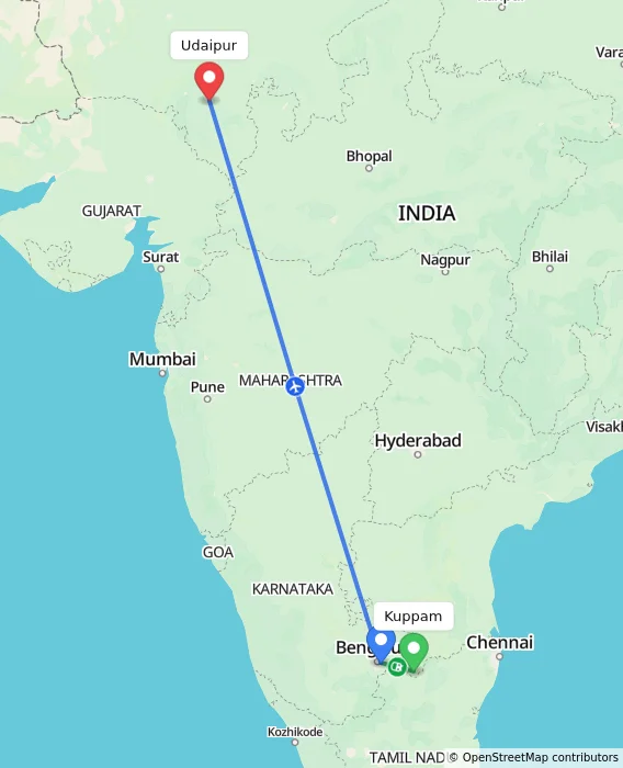 Route map showing distance and travel time from Kuppam, India to Udaipur, India