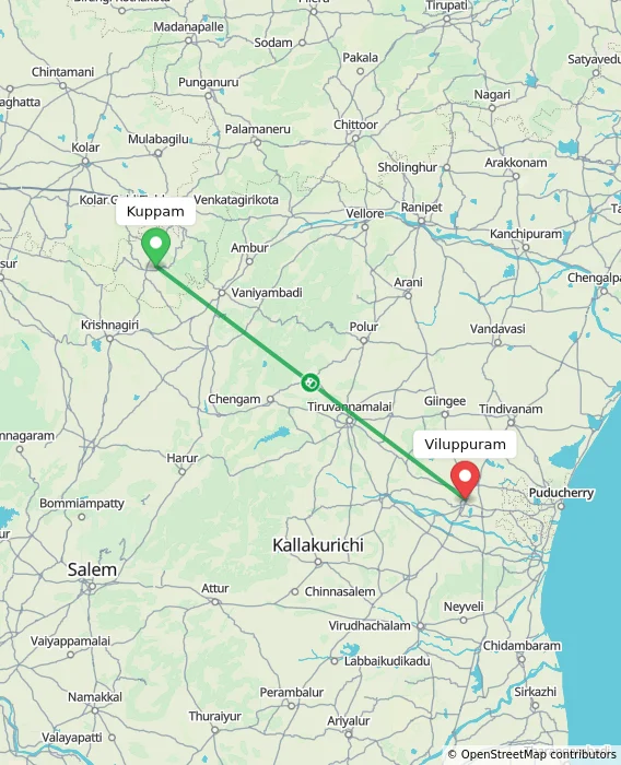 Route map showing distance and travel time from Kuppam, India to Viluppuram, India