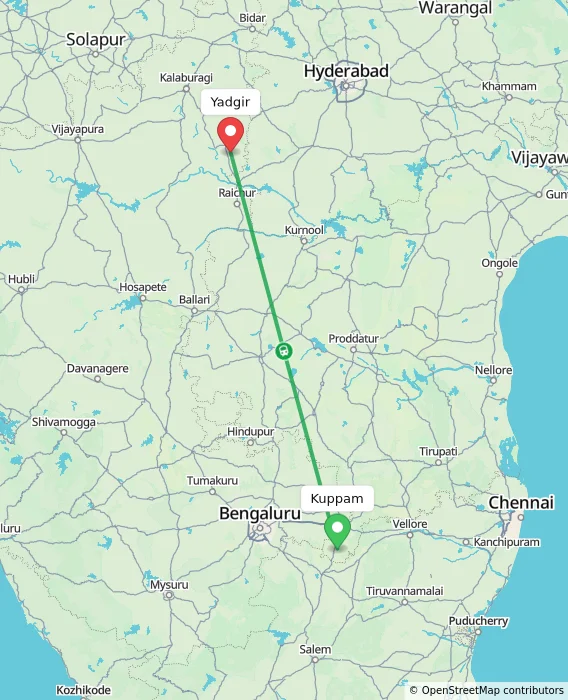 Route map showing distance and travel time from Kuppam, India to Yadgir, India