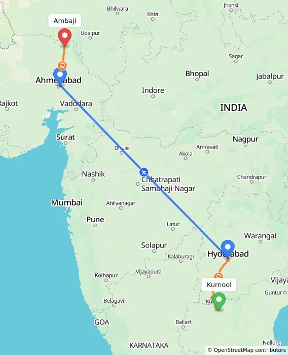 Route map showing distance and travel time from Kurnool, India to Ambaji, India
