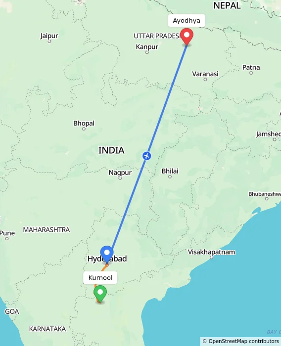 Route map showing distance and travel time from Kurnool, India to Ayodhya, India
