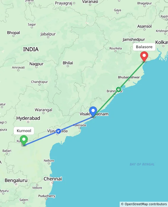 Route map showing distance and travel time from Kurnool, India to Balasore, India
