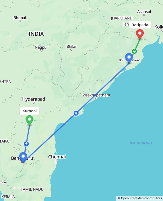 Route map showing distance and travel time from Kurnool, India to Baripada, India