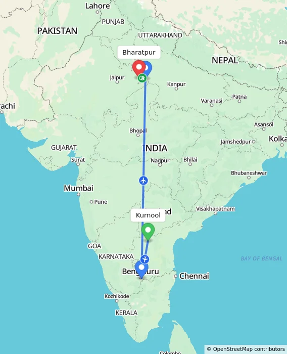 Route map showing distance and travel time from Kurnool, India to Bharatpur, India