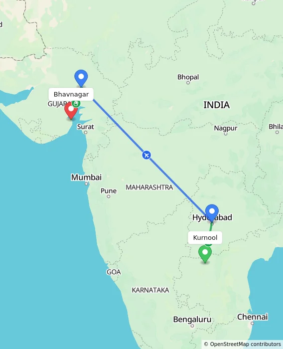 Route map showing distance and travel time from Kurnool, India to Bhavnagar, India