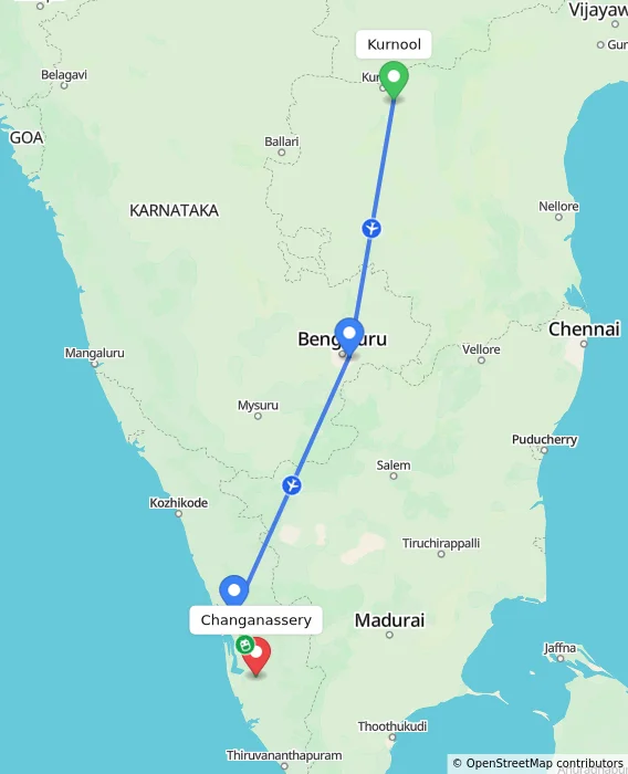 Route map showing distance and travel time from Kurnool, India to Changanassery, India